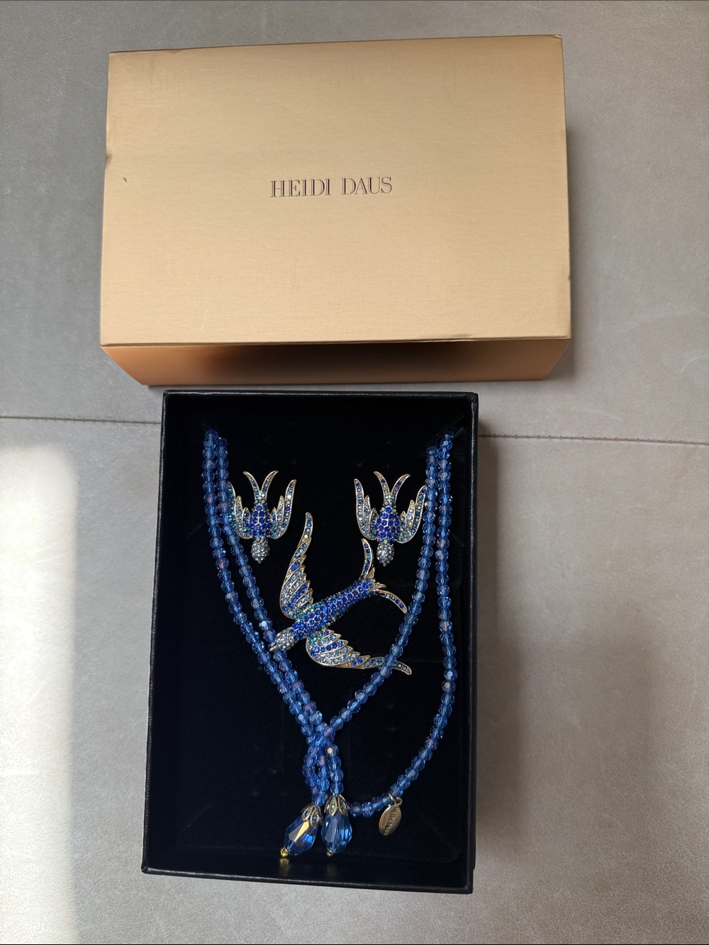 Heidi Daus Sapphire Blue Crystal Bird Necklace & Earring Set clip earrings